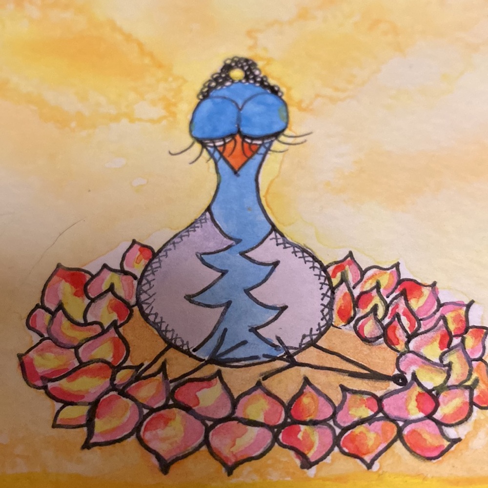 Unframed Original Watercolour & Ink of Bird Meditating in Lotus Flower Art